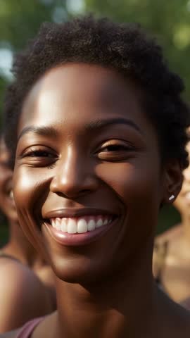 Vertical video: Smiling woman laughing in park, candid close-up capturing joyful smile in sunlight
