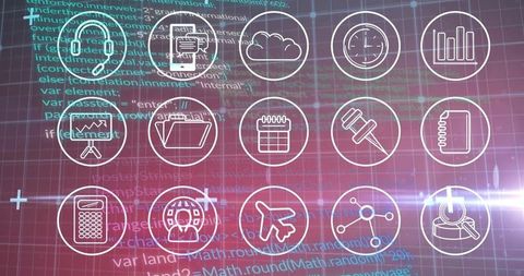 Digital Technology Icons on Grid with Code Overlay