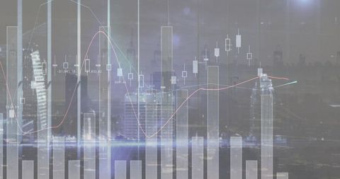 Financial market candlestick charts and data visualization overlaying urban waterfront at dusk