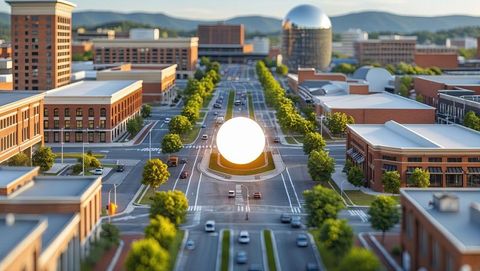 Futuristic orb sculpture illuminating modern urban campus, knoxville concept