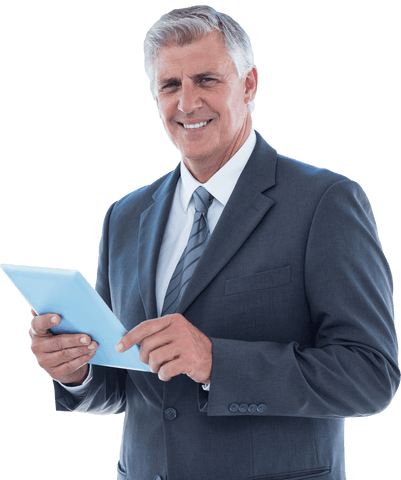 Smiling Elderly Businessman Using Tablet on Transparent Background