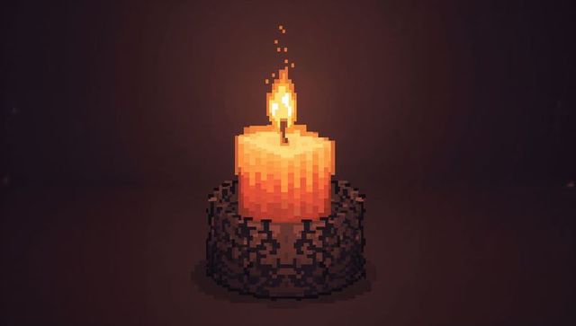 Flickering pixel candle glowing on ornate metal holder retro pixel-art still life