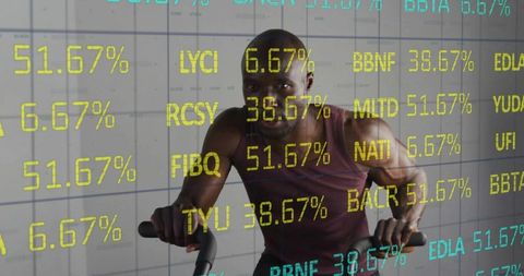 Athletic man cycling with overlaid data imagery