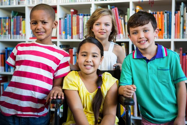 This image shows a diverse group of children smiling together in a school library. It can be used for educational materials, promoting diversity and inclusion, school brochures, and children's programs. The setting emphasizes learning, friendship, and a positive school environment.