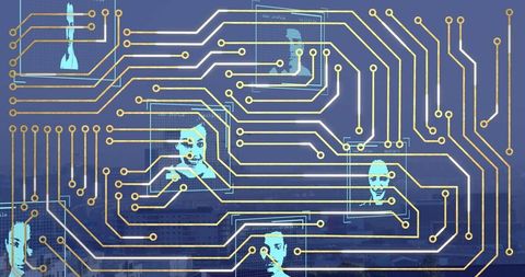 Digital Integration of Human Faces with Circuitry Overlaying Cityscape - Download Free Stock Images Pikwizard.com