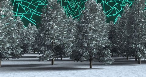 Snowy forest with neon green geometric background in fantasy scene
