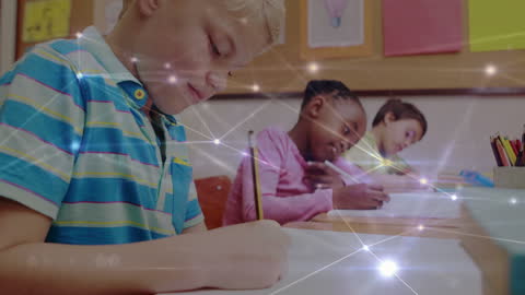 Kids Studying in Classroom with Digital Network Overlay
