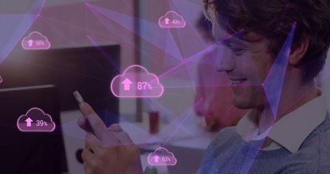 Smiling man using smartphone with cloud technology concepts