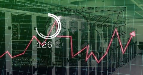 Central server racks merging with analytics overlays for data center monitoring and telemetry