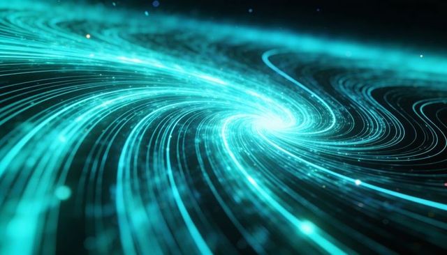 Turquoise digital vortex of flowing light streams converging on bright core