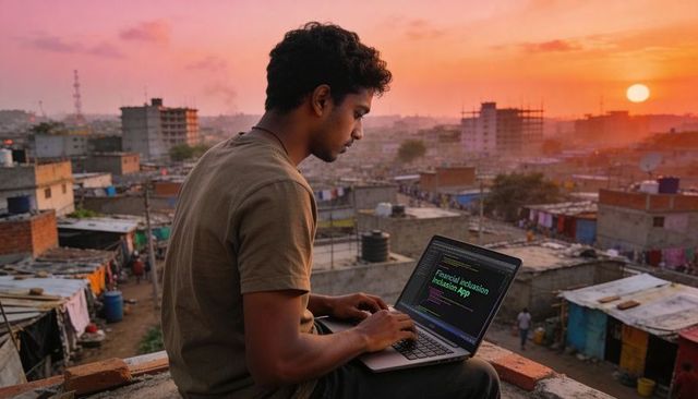 Young developer coding financial inclusion app on rooftop at sunset in urban neighborhood