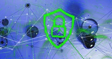Cybersecurity Network Illustration with Shield and Padlock Graphic
