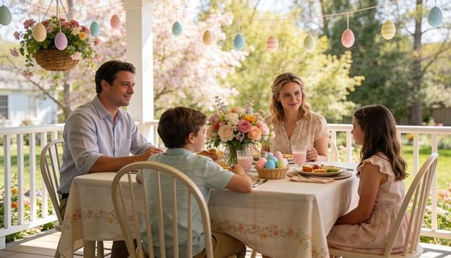 Family enjoying easter brunch on sunlit porch with pastel eggs and floral centerpiece