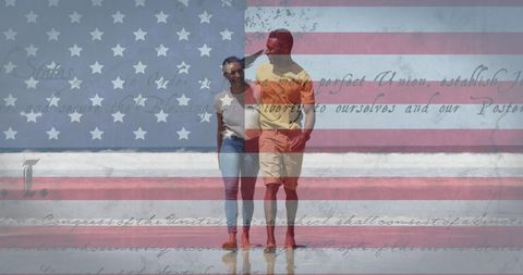 Couple Walking on Beach with American Patriotism Theme