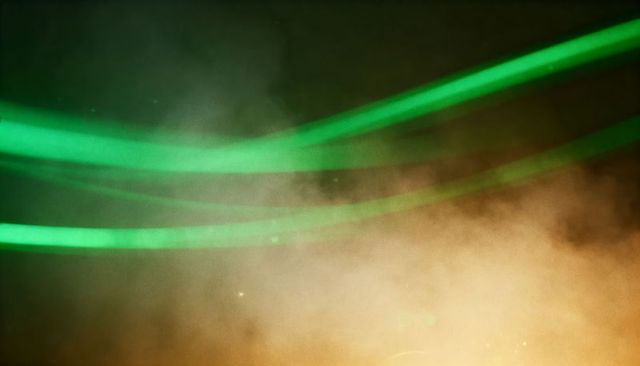Neon green light trails cutting through amber smoke and haze for cinematic atmosphere