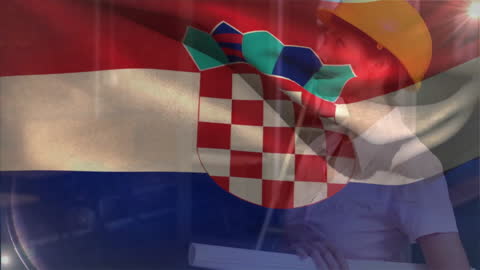Croatian Flag Overlay on Architect with Blueprints and Helmet