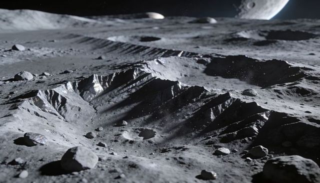 Lunar crater revealing jagged inner walls and scattered boulders under harsh sunlight