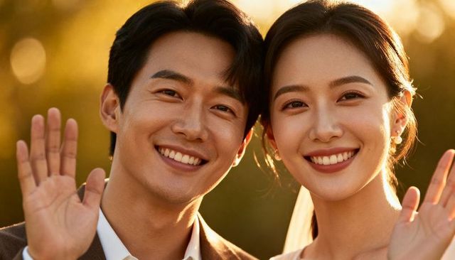 Smiling bride and groom waving at camera during golden hour outdoor wedding portrait