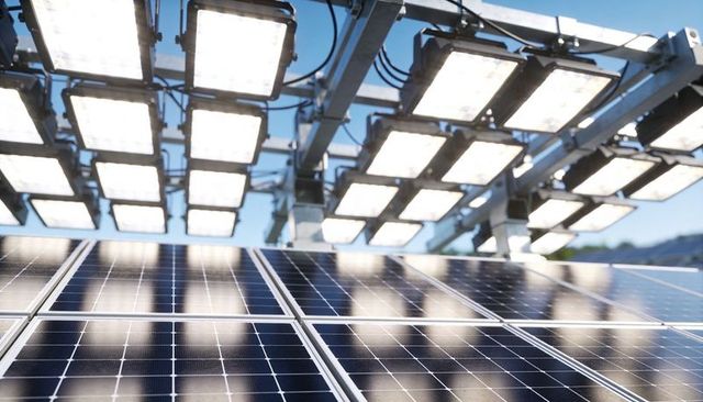 Photovoltaic panels reflecting sunlight under LED floodlights on utility solar array