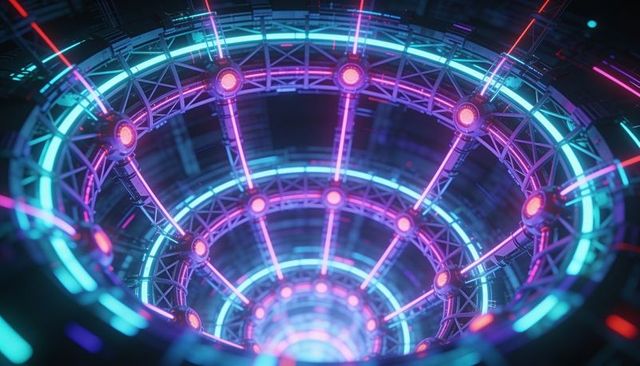 Neon futuristic concentric truss tunnel with glowing nodes and cybernetic light rings