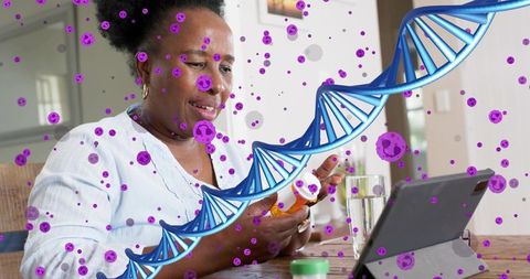 Senior woman managing medication via telehealth tablet with dna and virus graphics