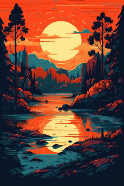 Digital artwork shows stylized sunset landscape where sky and sun are burning bright red and orange hues. River reflects the vibrant colors casting beautiful symmetry contrasted by shadows of pine trees and rocky terrain. Ideal for wall art decor, nature-themed designs, or greeting cards.