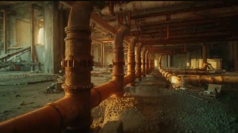 Exploring Abandoned Industrial Hall with Decaying Rusted Pipelines