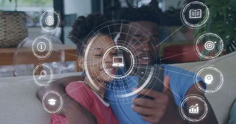 Smiling Couple Taking a Selfie with Digital Interface in a Home Setting