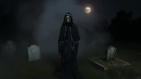 Skeleton in Misty Graveyard Under Full Moonlight
