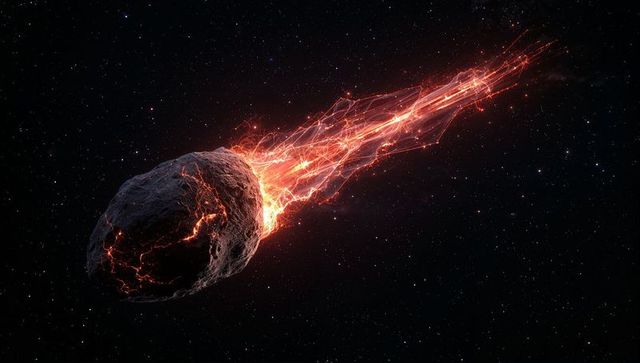 Molten meteoroid burning through deep space with glowing plasma trail and lava fissures