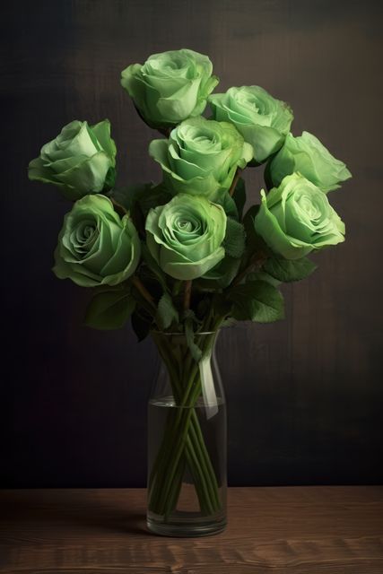 Green roses in vase on dark background, created using generative ai technology. Flower, nature, colour and wallpaper concept digitally generated image.