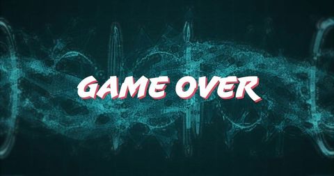 Futuristic game over screen with digital waveforms