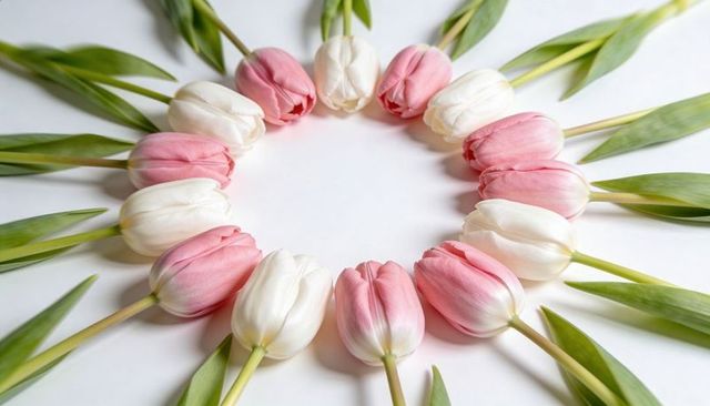Pink white tulip wreath on white background minimal pastel floral circle composition