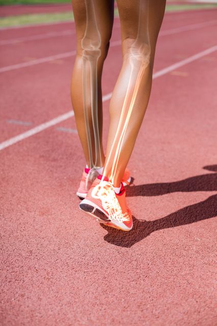 Low section of an athlete walking on a running track during a sunny day. The image includes an X-ray overlay on their legs, displaying bones and anatomical structure. This stock photo could be used in medical, sports science, fitness training, or health-related articles, as well as for educational purposes about human anatomy and exercise physiology.