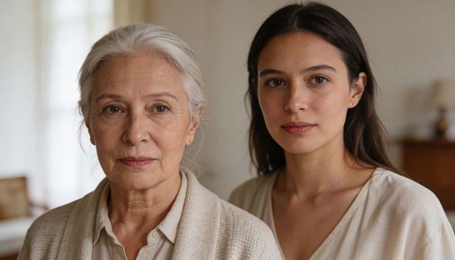 Intergenerational mother and daughter portrait with soft window light and neutral clothing
