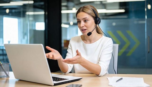 Female Customer Support Agent Speaking and Gesturing During Video Call in Modern Office