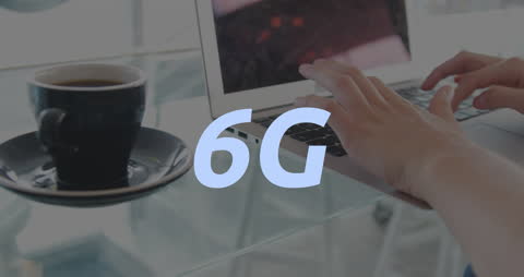 Hands on Laptop with 6G Technology Concept