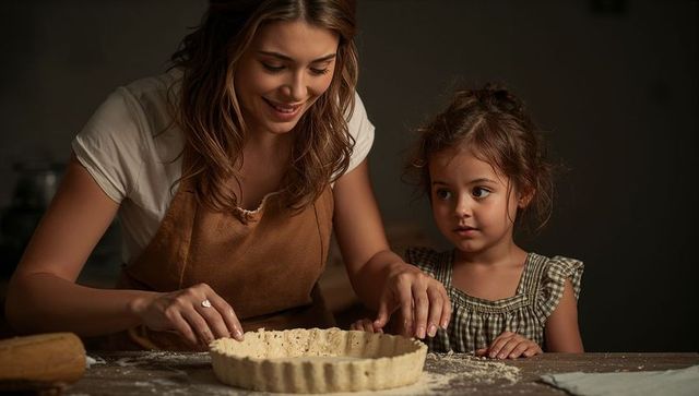 Mother teaching daughter baking tart crust in cozy kitchen, hands-on family baking moment