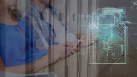 Cybersecurity Concept with Overlapping Digital Lock and Visible Couple