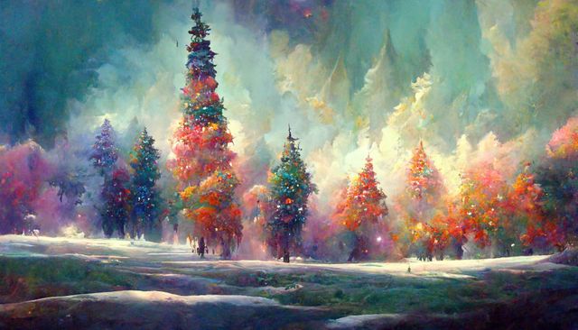 Depicting a dreamy, whimsical forest with trees lit by vibrant, colorful lights against an ethereal background. Perfect for fantasy-themed projects, storybook illustrations, wall art for creating a mystical atmosphere, or digital backgrounds for filmmakers and video game designers.