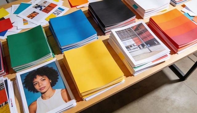 Colorful booklet stacks on wooden table featuring portrait cover and gradient brochures