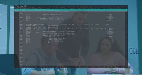 Leader Leaning Over Glass Table Guiding Team with SQL Overlay Interface and Collaborative Review