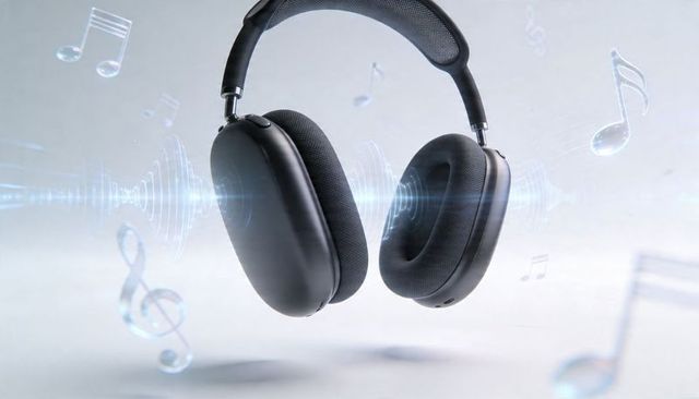Floating matte black over-ear headphones emitting blue soundwaves and musical notes