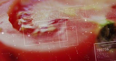 Macro red fruit pulp showing futuristic hud overlay and network data grid for biotech