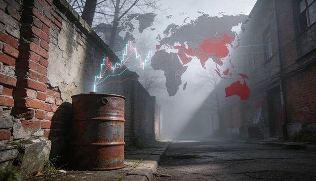 Rusted barrel in foggy urban alley showing holographic world map and rising finance chart