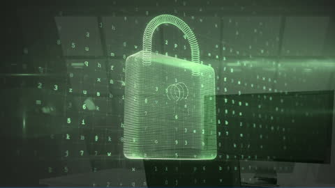 Digital Security Concept with Futuristic Padlock and Data Overlay