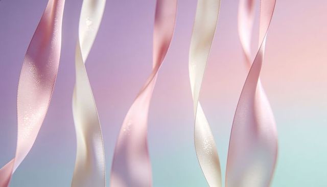 Pale pink and ivory satin ribbons curling and glittering on pastel gradient background
