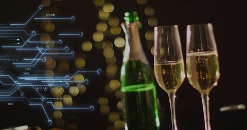 Champagne toast with futuristic circuit overlay celebrating luxury nightlife ambiance gala