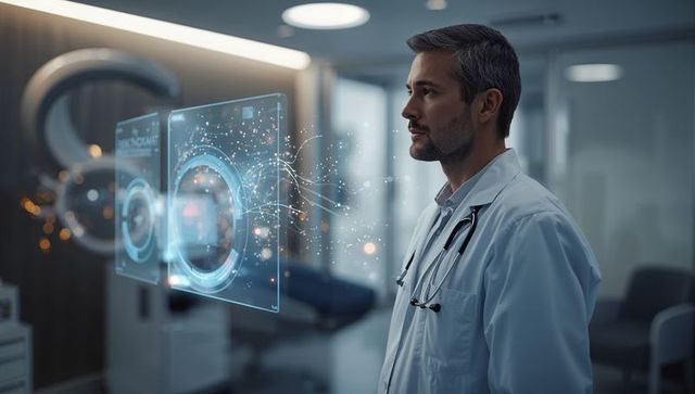 Doctor examining holographic diagnostic interface using ai imaging in modern clinical lab