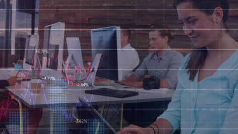 Woman Analyzing Financial Graphs on Tablet in Modern Office